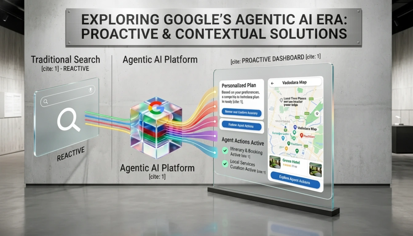 Agentic AI platform showcasing Google’s evolution from traditional reactive search to proactive and contextual AI-powered solutions with personalized recommendations and automated agent actions.