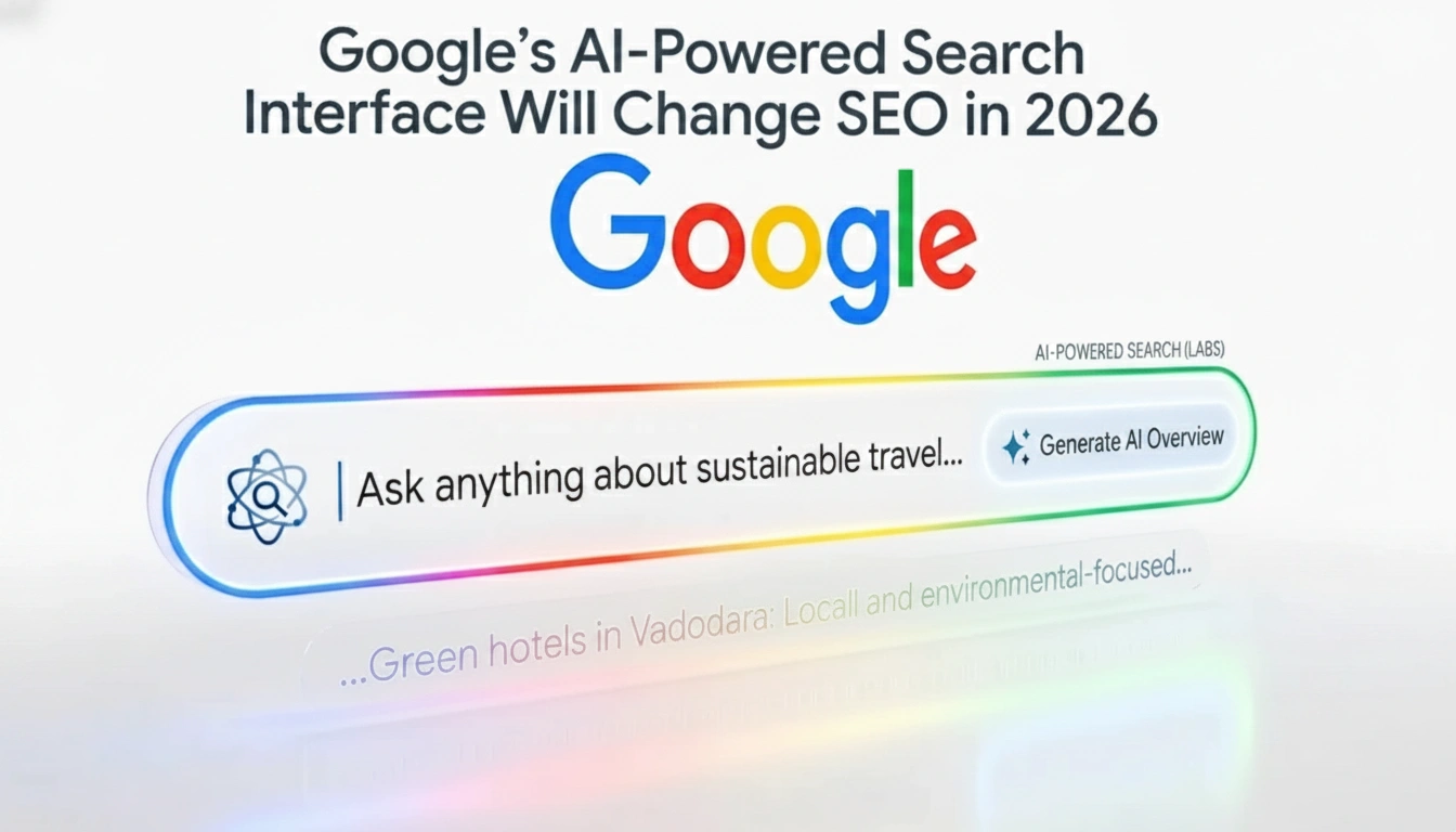 Google’s AI-Powered Search Interface displaying an AI-powered search bar with AI Overview generation, highlighting the future of SEO and search experiences in 2026.