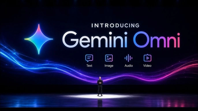 Gemini Omni presentation showcasing Gemini Omni multimodal AI capabilities including text, image, audio, and video processing on a futuristic stage.