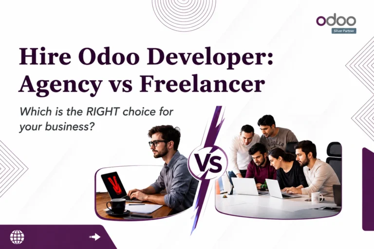 Odoo Development comparison showing an agency team versus a freelance Odoo developer for business ERP implementation and customization.