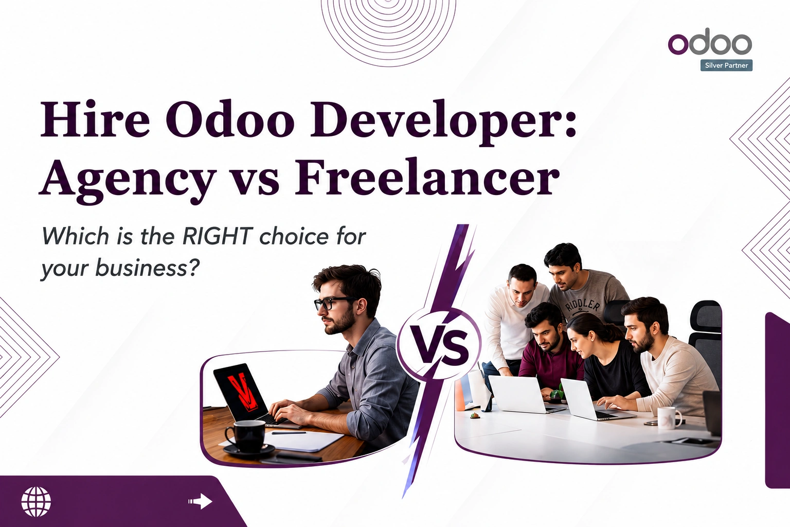 Odoo Development comparison showing an agency team versus a freelance Odoo developer for business ERP implementation and customization.