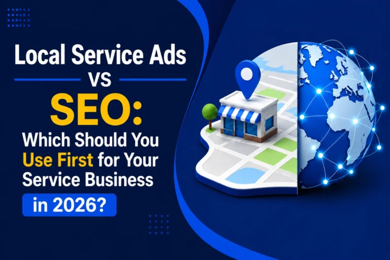 Local Service Ads vs SEO comparison showing a local business on a map and global SEO network for service businesses in 2026.
