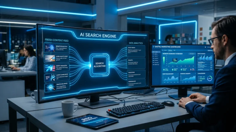 Professional digital marketing workspace displaying an AI Search Engine dashboard analyzing fresh content, search algorithms, and website ranking performance in the AI Search Era.
