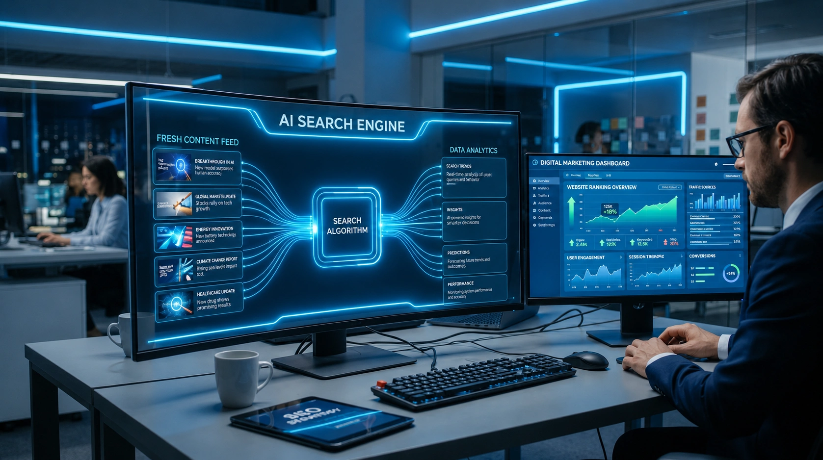 Professional digital marketing workspace displaying an AI Search Engine dashboard analyzing fresh content, search algorithms, and website ranking performance in the AI Search Era.