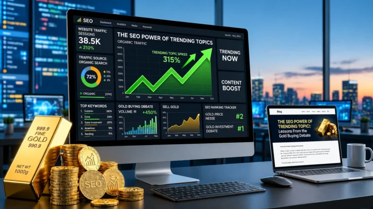 SEO Power of Trending Topics dashboard showing rising website traffic, keyword growth, gold buying debate trends, and SEO performance analytics.