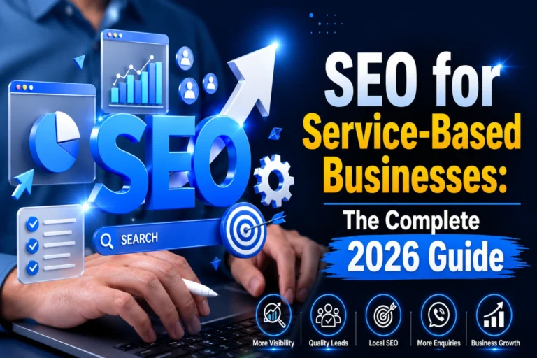 SEO for Service Businesses showing search optimization, local SEO, lead generation, business growth, and online visibility strategies for 2026.