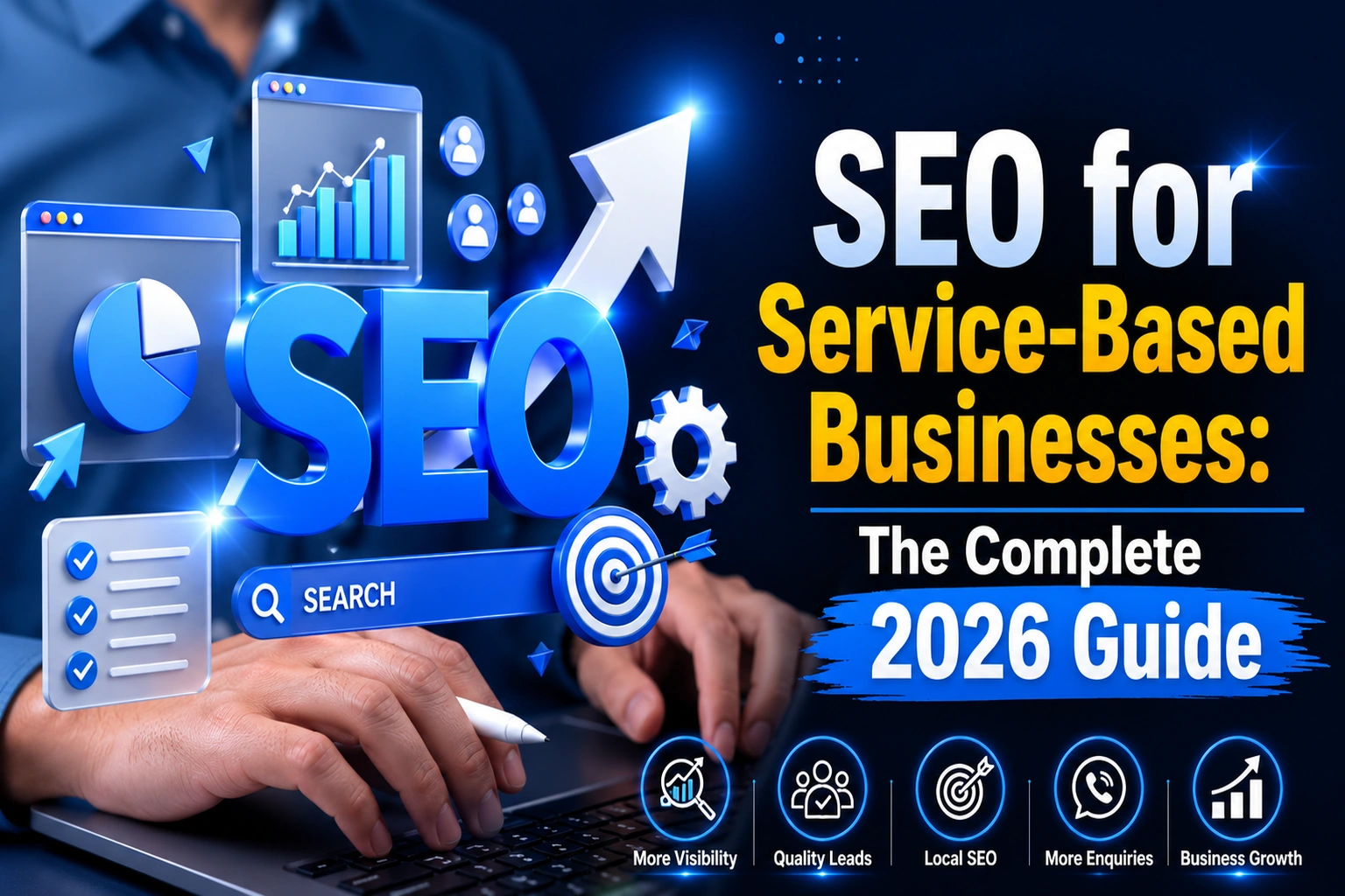 SEO for Service Businesses showing search optimization, local SEO, lead generation, business growth, and online visibility strategies for 2026.