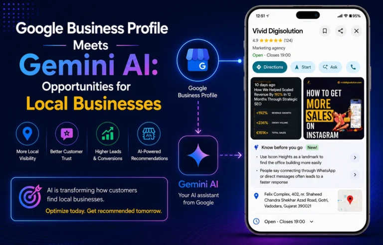 Illustration showing Google Business Profile integrated with Gemini AI to improve local business visibility, customer trust, AI-powered recommendations, and lead generation.