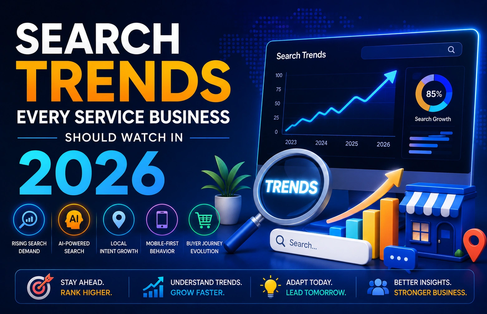 Search trends for service businesses in 2026 showing AI-powered search, local SEO growth, mobile-first behavior, buyer journey evolution, and increasing search demand with analytics dashboard and business growth chart.