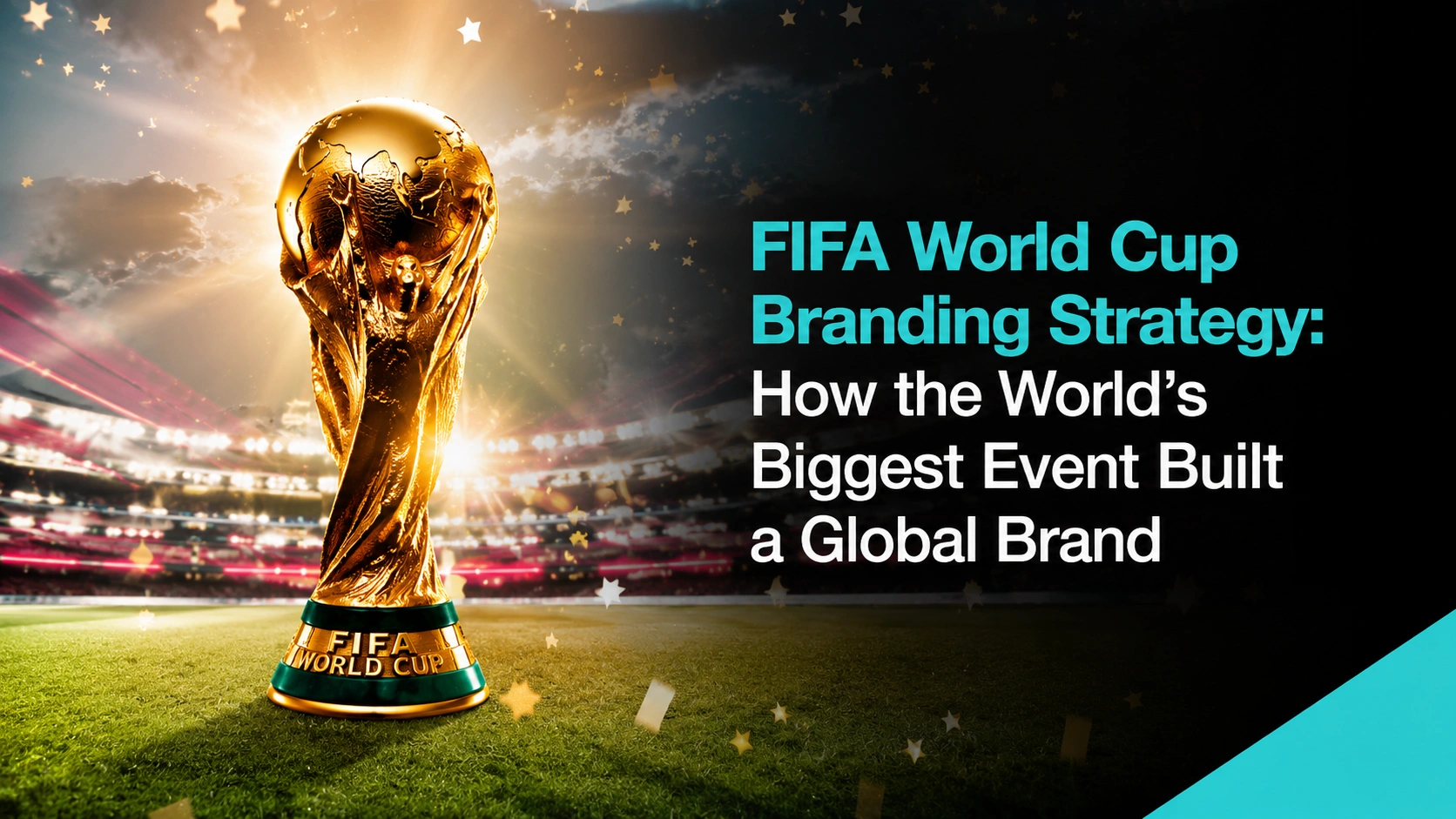FIFA World Cup trophy illuminated in a stadium with dramatic lighting, representing the global branding and marketing power of the FIFA World Cup.