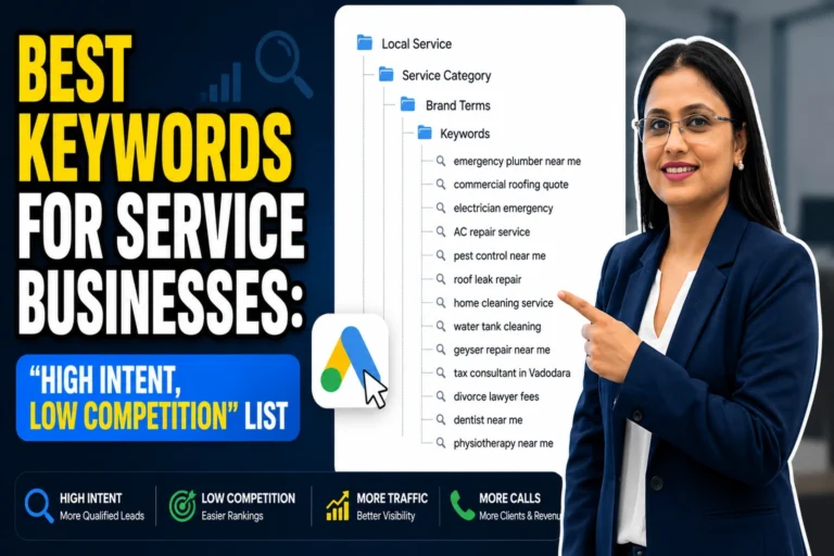 50+ High-Intent keywords for service businesses infographic showing low-competition local service keywords, Google Ads icon, keyword research structure, and business professional pointing at profitable service search terms.