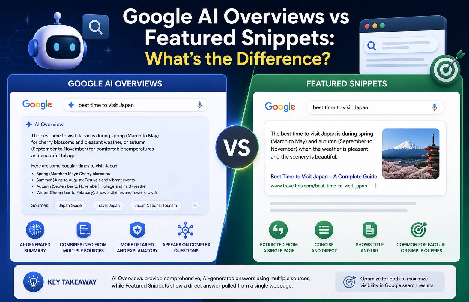 Google AI Overviews vs Featured Snippets infographic comparing AI-generated search results with traditional featured snippets in Google Search