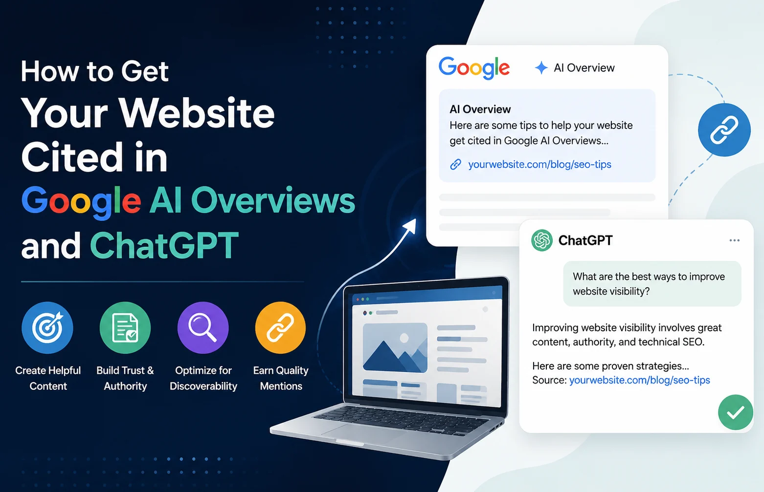 Illustration showing how to get a website cited in Google AI Overviews and ChatGPT using helpful content, authority, SEO optimization, and quality backlinks.