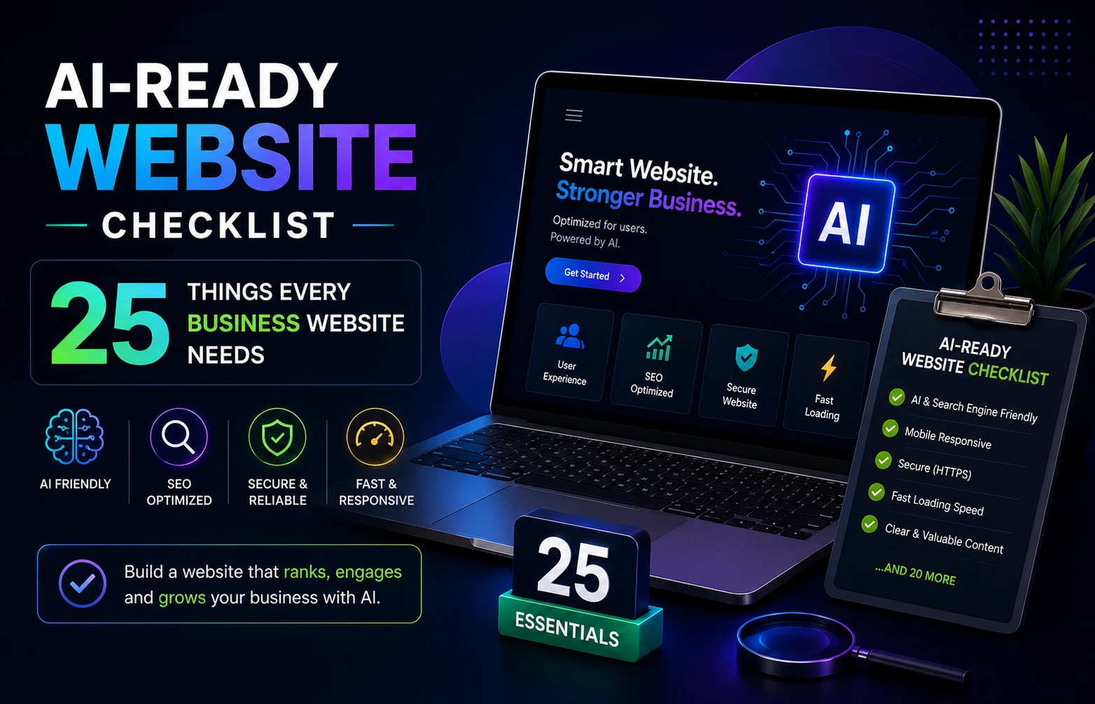 AI-Ready website checklist showing 25 essential features for a business website, including SEO optimization, AI-friendly design, secure HTTPS, fast loading speed, mobile responsiveness, and user experience.