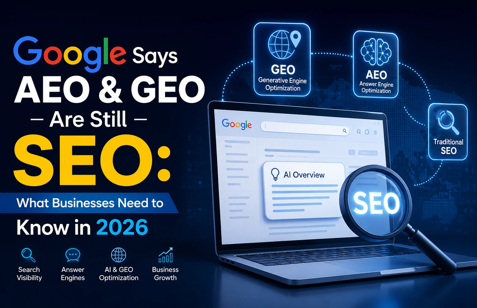 AEO & GEO optimization concept showing Google AI Overview, Answer Engine Optimization, Generative Engine Optimization, and SEO strategies for business growth.