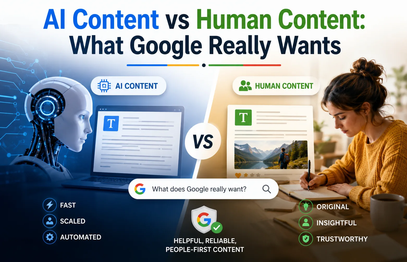 AI Content vs Human Content comparison showing AI-generated content and human-written content to explain what Google really wants for SEO and helpful, people-first content.