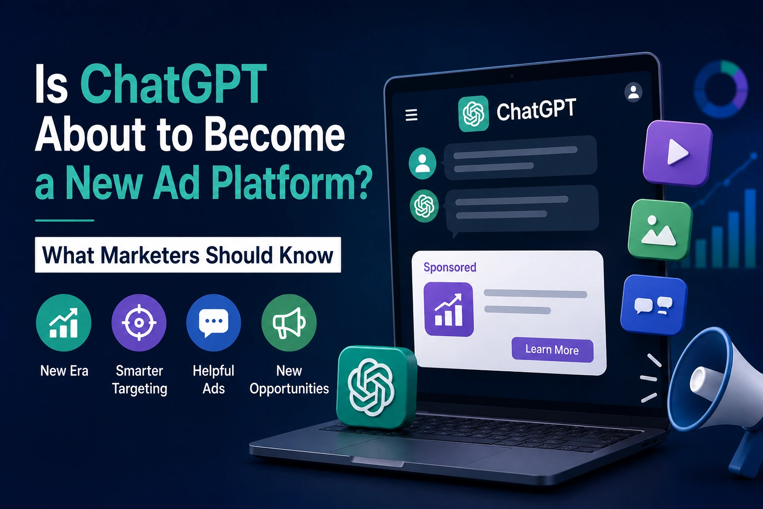 ChatGPT interface showing a sponsored ad card with the headline "Is ChatGPT About to Become a New Ad Platform?" illustrating AI advertising opportunities for marketers.