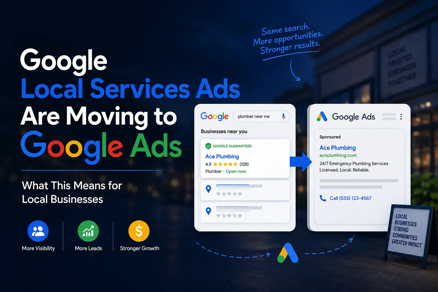 Google Local Services Ads transitioning to Google Ads, showing how local businesses can gain more visibility, leads, and growth through the updated advertising platform.