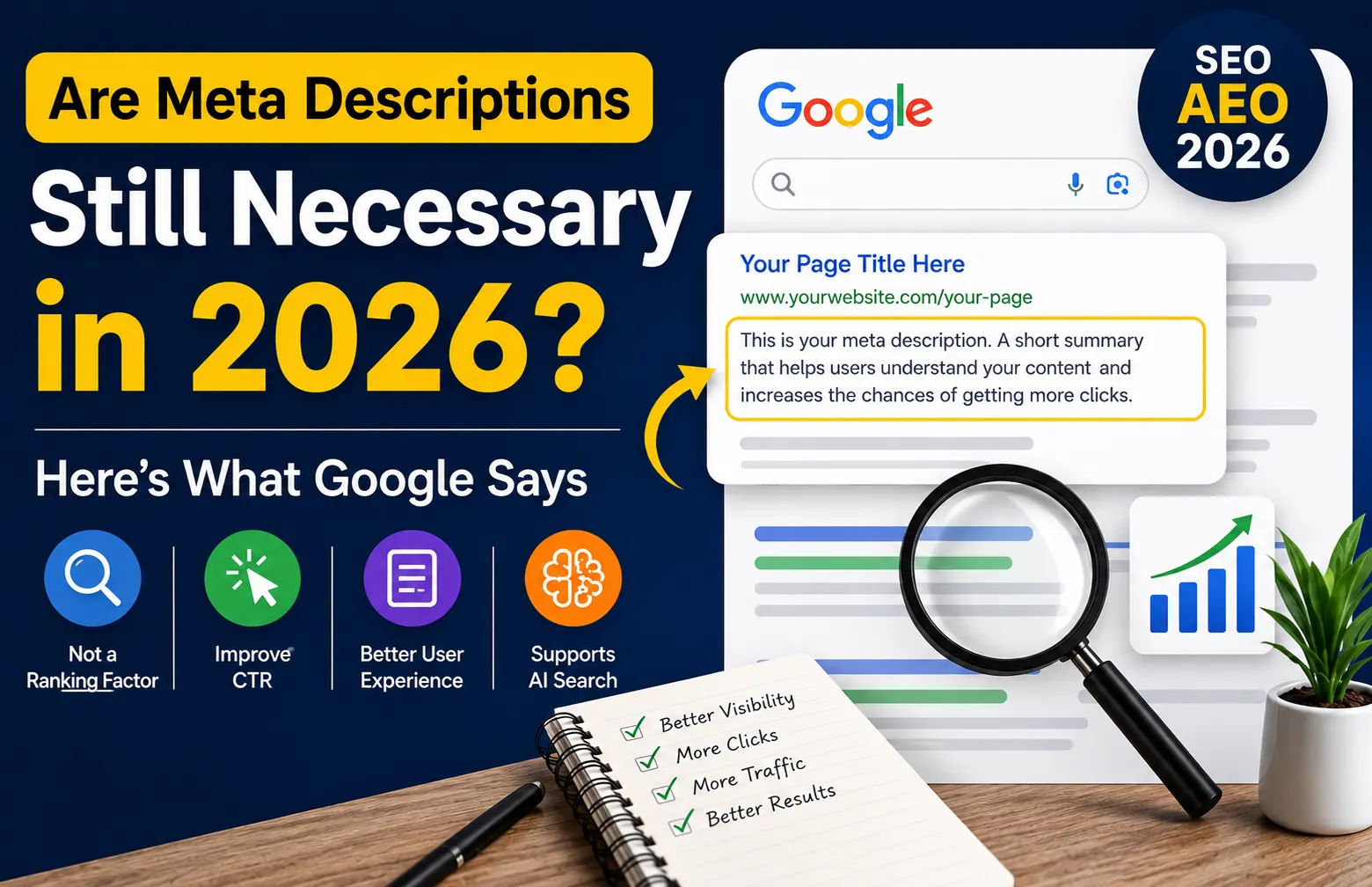 Meta Descriptions explained in 2026 with Google search snippet, SEO, AEO, click-through rate, and user experience illustration.