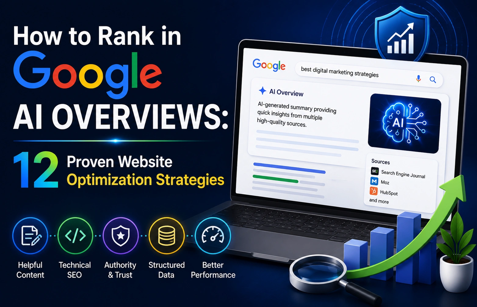 Illustration showing how to rank in Google AI Overviews using 12 proven SEO strategies including helpful content, technical SEO, structured data, authority, and website performance.