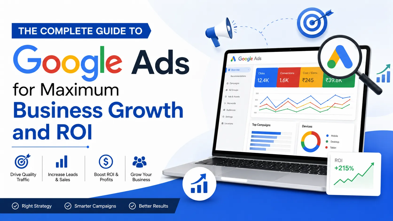 Illustration of a Google Ads dashboard showing campaign performance, conversions, ROI, and analytics for businesses using Google Ads to drive traffic, leads, and sales.