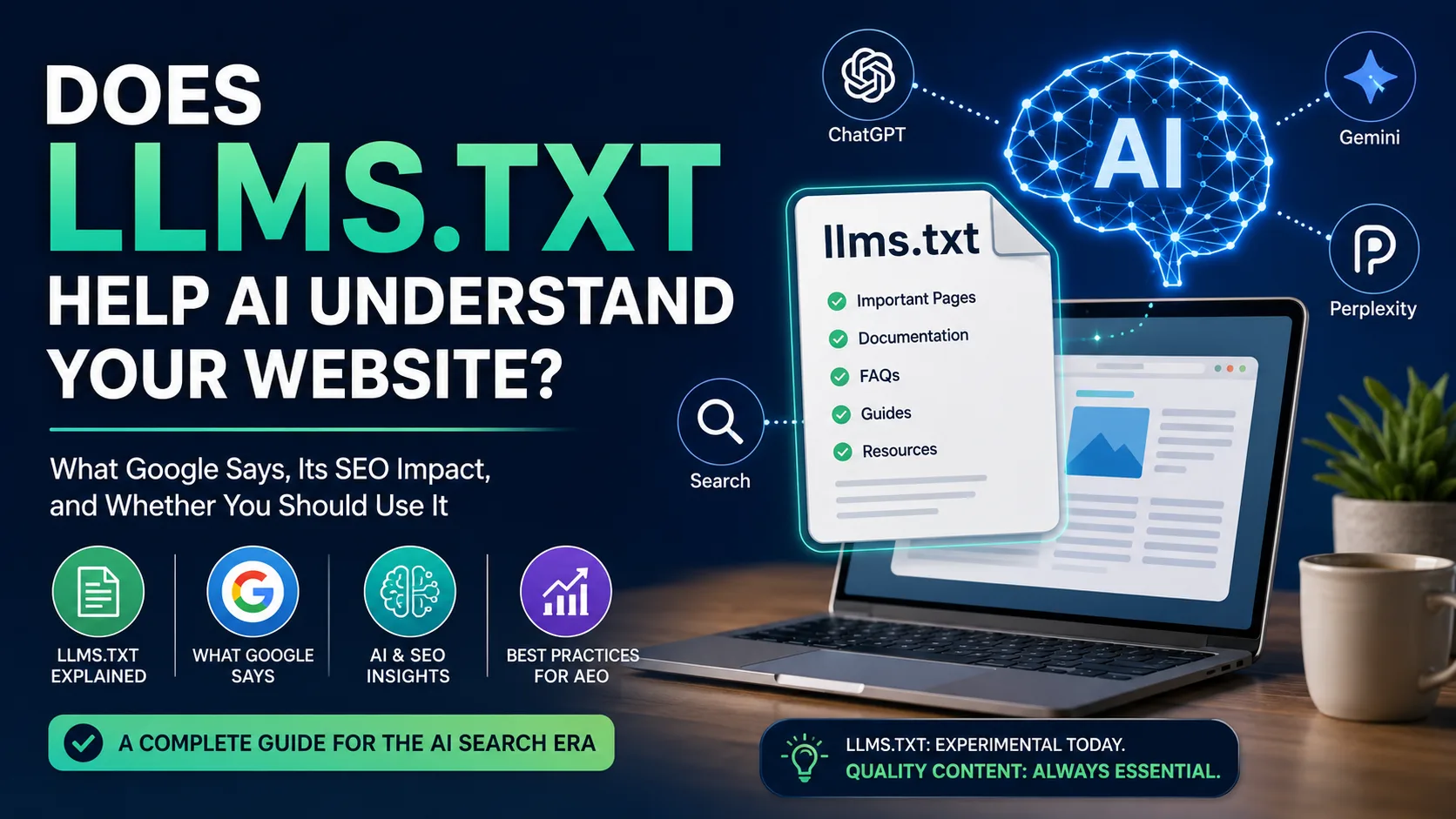 Illustration showing llms.txt connecting websites with AI platforms like ChatGPT, Gemini, and Perplexity, explaining whether llms.txt helps AI understand your website and its SEO impact.